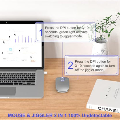 Bluetooth Wireless Mouse for MacBook Air Mac Pro iPad Laptop Computer Pad Optical Rechargeable Slim Silent Dual Mode (2.4G USB-C/USB-A&Bluetooth 5.2/3.0) Mouse Jiggler for Computer Awakening(Grey) - color: Grey