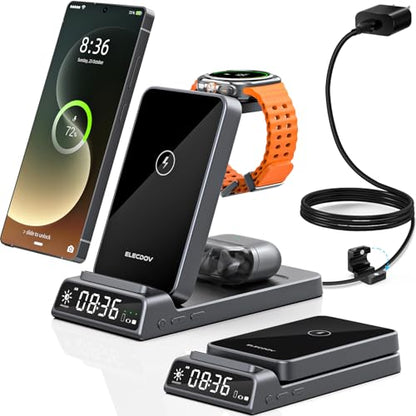 Wireless Charger for Samsung S25 with Clock 3 in1 Foldable Charging Station - color: Grey