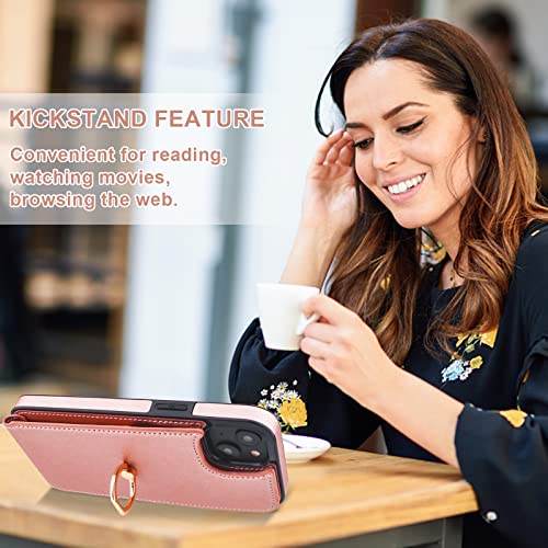 Folosu Compatible with iPhone 14 Plus Case Wallet with Card Holder, 360°Rotation Finger Ring Holder Kickstand, RFID Blocking Leather Protective Double Buttons Shockproof Cover 6.7 Inch Rose Gold - color: Rose Gold, size: iPhone 14 Plus