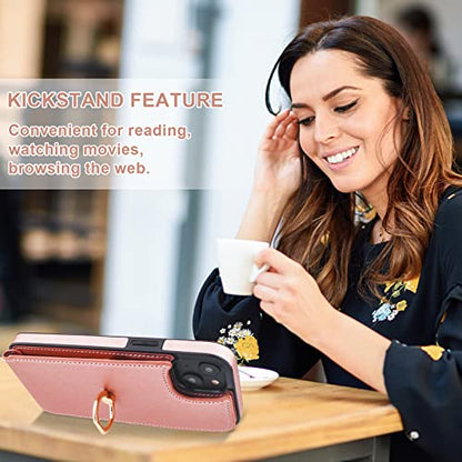 Folosu Compatible with iPhone 14 Plus Case Wallet with Card Holder, 360°Rotation Finger Ring Holder Kickstand, RFID Blocking Leather Protective Double Buttons Shockproof Cover 6.7 Inch Rose Gold - color: Rose Gold, size: iPhone 14 Plus