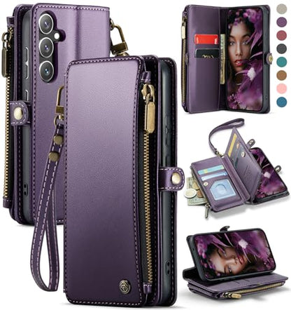 Defencase for Samsung Galaxy S25 Wallet Case with RFID Card Holder, Purple | Durable Soft PU Leather, with Zipper Pocket, Wrist Strap, Fashion Snap Flip S25 Phone Cases Cover with Stand for Women Men - color: Aesthetic Purple