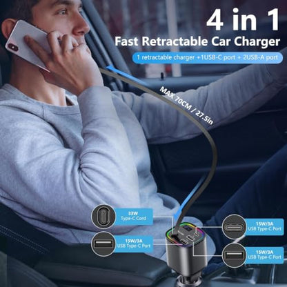 Retractable Car Charger USB C 78W & 85.5W 4 in 1 Fast Car Charger - color: Dark gray