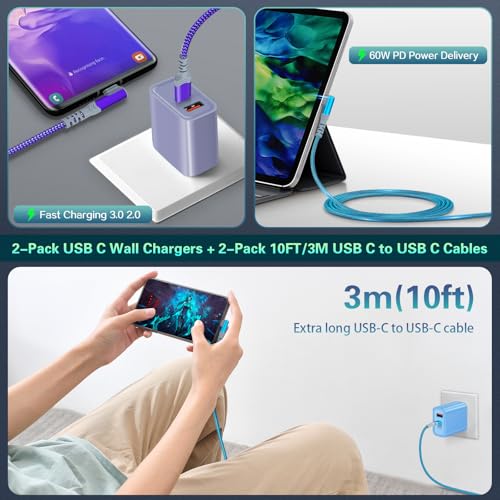 Fast Charging Wall Charger + USB C Cable, 2-Pack 20W USB C Power Adapter - color: Purple Blue