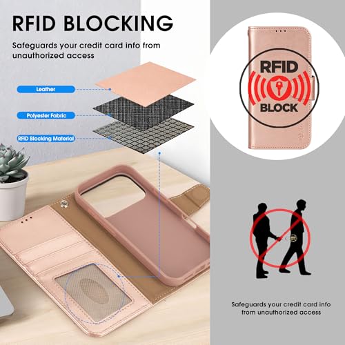 Arae Compatible with iPhone 17 Pro Case Wallet with Card Holder, Wristlet Strap Wallet Flip Cover for iPhone 17 Pro 6.3 inch Men/Women, RFID Blocking, Kickstand, Rose Gold - color: Rose Gold, size: iPhone 17 Pro 6.3 inch