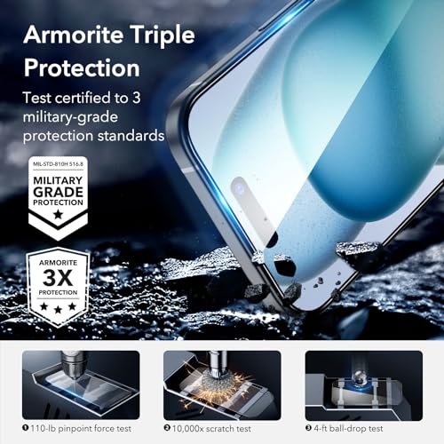 ESR 3+1 Pack for iPhone 15 Plus Screen Protector, [9H Hardness] [Military Grade Shatterproof] Full Coverage Ultra-tough Tempered Glass Film with Easy Installation Frame, 1 Set of Camera Lens Protector