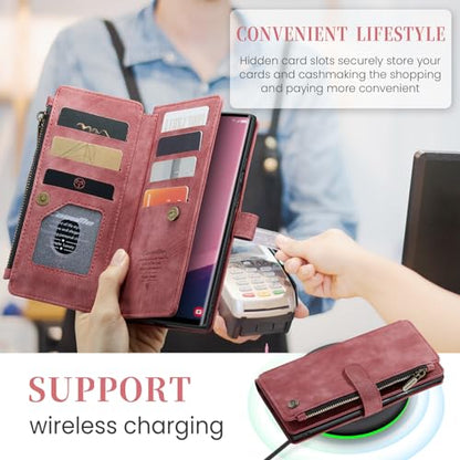 Samsung Galaxy S24 Ultra 5G Wallet Case with Card Holder Kickstand Magnetic Zipper Pocket Lanyard Strap Wristlet,Leather Flip Case Wallet for Samsung Galaxy S24 Ultra 5G 6.8 Inch (Red) - color: Red, size: S24 Ultra 6.8 Inch