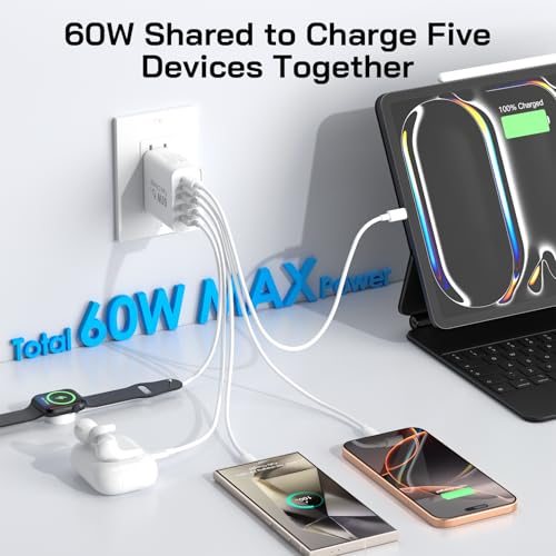 2Pack USB C Fast Charger Block, Total 60W 5-Port USB C Wall Charger 30W - color: White