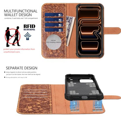 Leather Case Compatible With iPhone 17 Pro Max Wallet 6.9" | Genuine Leather 2-in-1 Magnetic Detachable Shockproof,Flip Folio Cover with Card Slot,Wireless Charging RFID Blocking brown - color: Dark brown, size: 17 Pro Max