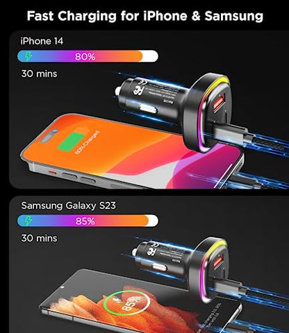 66W USB C Car Charger, [All Metal] 2PD + QC3.0 USB Car Cigarette Lighter USB Charger Adapter with RGB for Samsung Galaxy S23/22/21 iPhone iPad Pro Pixel Android Phones