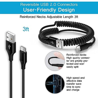 Samsung S24 Ultra FE Coiled USB C to USB A Cable Fast Charging for Galaxy S26 Ultra/S24+/S23/S22/S25,3FT Retractable Android Phone Car Charger Cord for iPhone 17 16 15 Pro Max Plus,Google Pixel 10/9/8