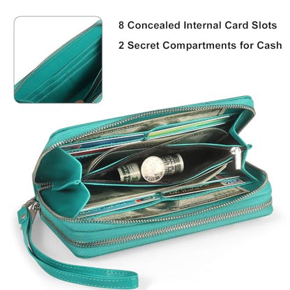 RFID Blocking Cellphone Wristlet Wallet for Women Dual Zipper Large Capacity 17 Card Holder Ladies Phone Clutch Travel Purse with Removable Strap, Turquoise - color: Turquoise