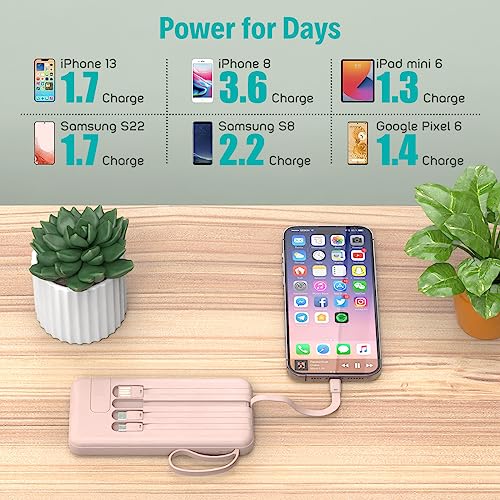 Portable Charger with Built in Cables,10000mAh Slim USB C Power Bank,Pink - color: Pink