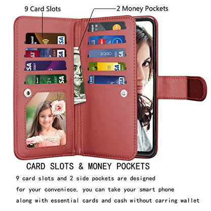 Njjex Wallet Case for Samsung Galaxy S21 Ultra 5G, For Galaxy S21 Ultra Case 6.8", [9 Card Slots] PU Leather ID Credit Holder Folio Flip [Detachable] Kickstand Magnetic Phone Cover & Lanyard -Wine Red - color: Wine Red