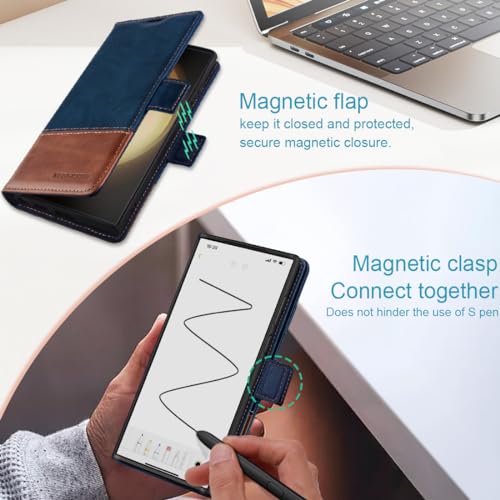 KEZiHOME Genuine Leather Wallet Case for Samsung Galaxy S24 Ultra | Royal Blue/Brown, RFID Blocking Card Slot, Kickstand, Magnetic Protective Phone Folio Cover, Compatible with Galaxy S24 Ultra - color: Royal Blue/Brown
