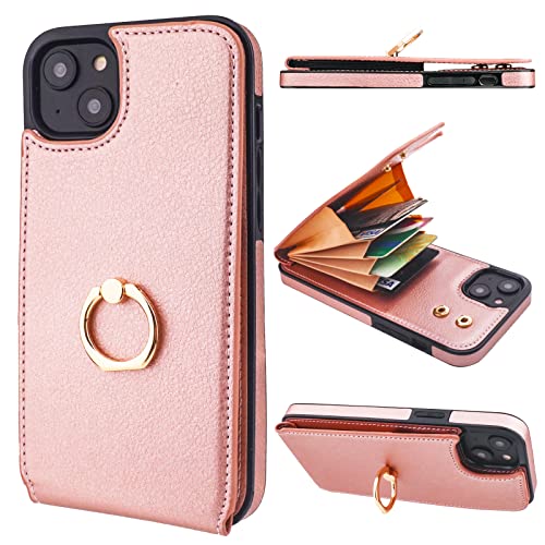 Folosu Compatible with iPhone 14 Plus Case Wallet with Card Holder, 360°Rotation Finger Ring Holder Kickstand, RFID Blocking Leather Protective Double Buttons Shockproof Cover 6.7 Inch Rose Gold - color: Rose Gold, size: iPhone 14 Plus