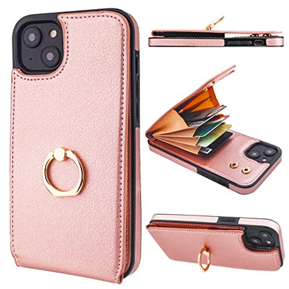 Folosu Compatible with iPhone 14 Plus Case Wallet with Card Holder, 360°Rotation Finger Ring Holder Kickstand, RFID Blocking Leather Protective Double Buttons Shockproof Cover 6.7 Inch Rose Gold - color: Rose Gold, size: iPhone 14 Plus