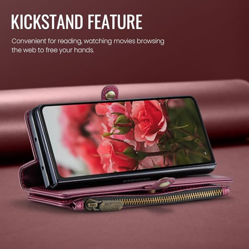 Defencase for Samsung Galaxy Z Fold 4 Wallet Case with Card Holder, WineRed | Durable Soft PU Leather, RFID Blcking Zipper Pocket, with S-Pen Holder & Strap, Flip Phone Cases with Stand for Women Men - color: Wine Red