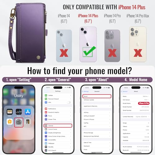 Defencase for iPhone 14 Plus Wallet Case with RFID Card Holder, Purple | Durable Soft PU Leather, with Zipper Pocket, Wrist Strap, Fashion Snap Flip Phone Cases Cover with Stand for Women and Men - color: Purple