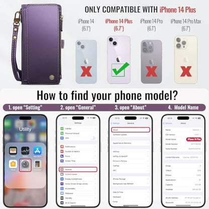 Defencase for iPhone 14 Plus Wallet Case with RFID Card Holder, Purple | Durable Soft PU Leather, with Zipper Pocket, Wrist Strap, Fashion Snap Flip Phone Cases Cover with Stand for Women and Men - color: Purple