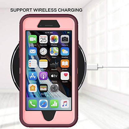 MXX Case Designed for iPhone SE Case 2020 /SE 2022 Heavy Duty Protective with Screen Protector [3 Layers] Rugged Rubber Protection Cover & Rotating 360 Degree Belt Clip SE 3rd/2nd Gen(Plum/Light Pink) - color: Plum/Light Pink