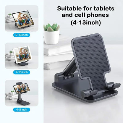 Foldable Desktop Phone Stand, Adjustable Cell Phone Holder for Desk, Non-Slip Silicone Base, Compatible with Tablets and Phones 4-13 Inch (Black) - color: Black