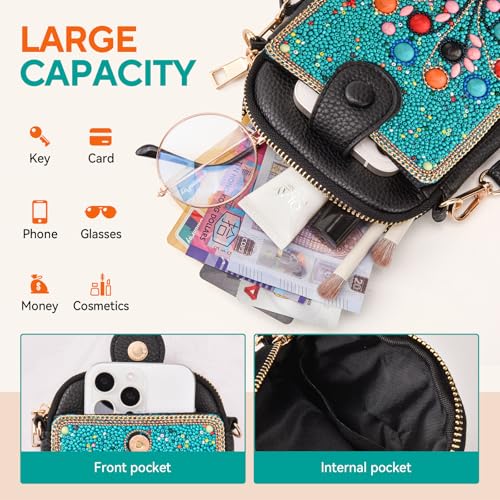 Women's Small Crossbody Cell Phone Bag, Boho Colorful Beaded Purse Wallet with Handmade Cute Patterns - color: Tree-blue