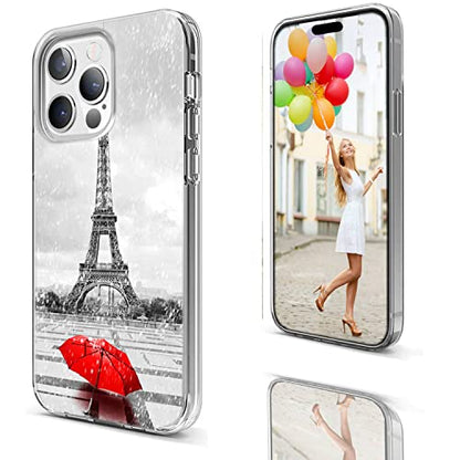 for iPhone 14 Pro Max Case for Women Girl Men,Full Protective Shockproof Slim Soft TPU Clear Phone Cover Cases with Design for iPhone 14 ProMax,Romantic France Paris Eiffel Tower Red Umbrella - color: A Eiffel tower in the rain