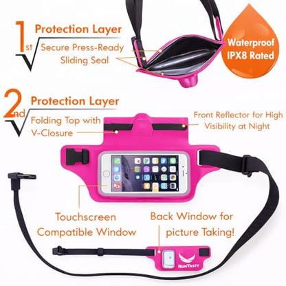 Ultimate Pink Waterproof Running Swimming Belt: Phone & Essentials Holder for Gym, Beach, Kayaking, Ski! Fits iPhone, Samsung - Touchscreen, IPX8 Rated Dry Waist Pouch - Adventure-Ready Performance! - color: Hot Pink