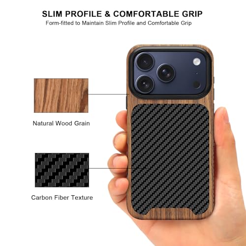 TENDLIN Compatible with iPhone 17 Pro Max Case Wood Grain with Carbon Fiber Texture Design Leather Hybrid Slim Case (Black) - color: Black, size: iPhone 17 Pro Max