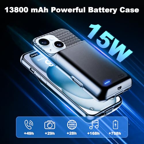 13800mAh High Capacity Battery Case for iPhone 15 Plus (6.7 inch) | 2026 Upgraded Battery Pack Rechargeable Charger External Charging Case with Tempered Glass Screen Protector Black