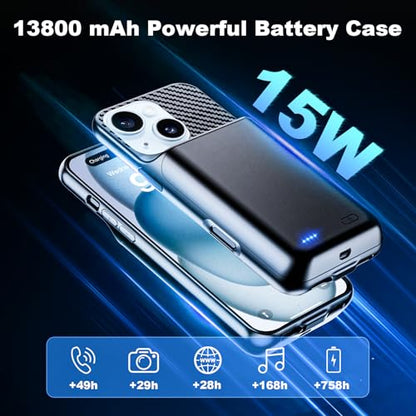 13800mAh High Capacity Battery Case for iPhone 15 Plus (6.7 inch) | 2026 Upgraded Battery Pack Rechargeable Charger External Charging Case with Tempered Glass Screen Protector Black
