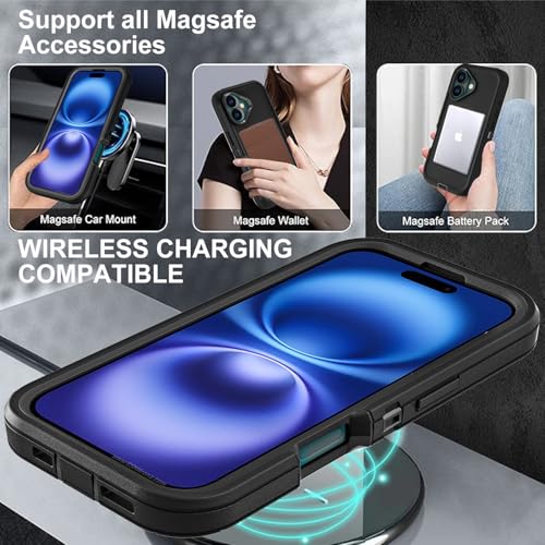 YKHJKLEC for iPhone 16 Case, Compatible with Magsafe, Military Grade 3 in 1 Heavy Duty Shockproof/Drop Proof/Dust Proof Case with 2Pcs Tempered Glass Screen Protector (New-Black/Black) - color: New-Black/Black