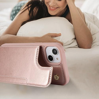 iCoverCase Compatible with iPhone 14 Plus Phone Case with Card Holder, Wallet Case for Women Men RFID Blocking PU Leather Protective Case 6.7 Inch (Rose Gold) - color: Rose Gold