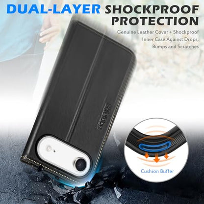 SHIELDON Real Leather Wallet Case for iPhone Air 6.5" 2025, Retro Black | RFID Blocking, Credit Card Holder, Magnetic Closure, Kickstand, Folio Design, Shockproof Phone Cover - color: Retro Black