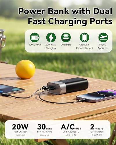 5‑in‑1 10,000mAh Rugged Power Bank with Fast Charge USB-C PD Includes Blowing & Suction Dual‑use for Car Emergency, Camping & Road Trips