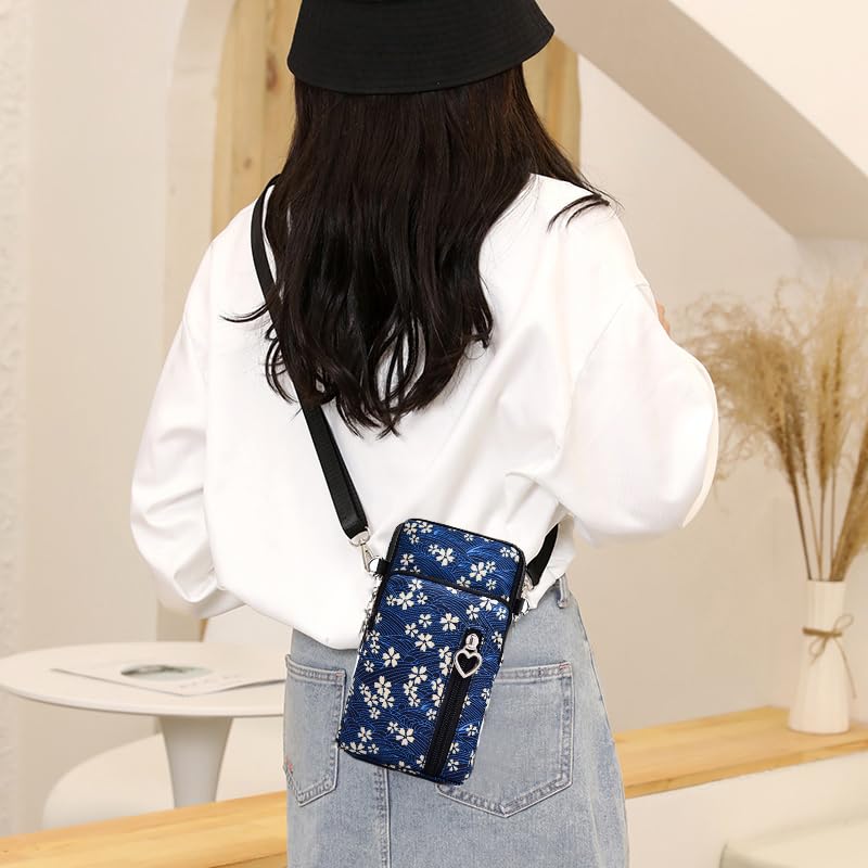 Small Crossbody Bag for Women, Multi Zip Pockets Nylon Wallet Purse Credit Card Holder with Detachable Hand Strap - color: Blue/Floral pattern