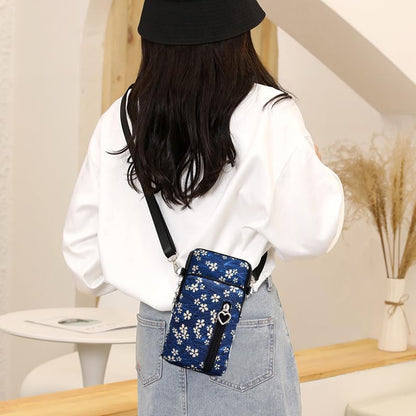 Small Crossbody Bag for Women, Multi Zip Pockets Nylon Wallet Purse Credit Card Holder with Detachable Hand Strap - color: Blue/Floral pattern
