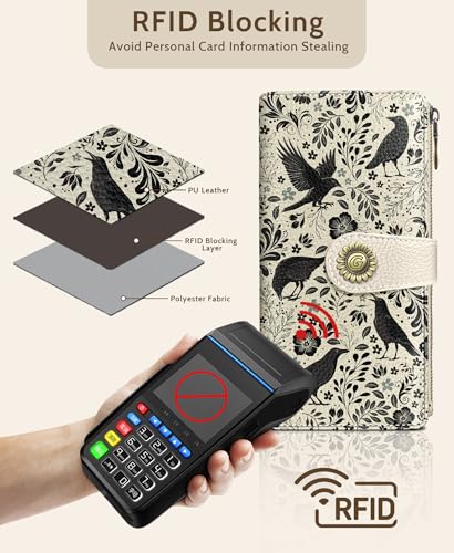 GIANCOMICS Crow Womens Wallet RFID Blocking, Goth Credit Card Holder Bifold | Billfold, Cute Cash Purse, Travel Zipper Coin Pocket, Compact Clutch, PU Leather, ID Window, 11 Card Slots, Ladies Gift Woman - color: Crow