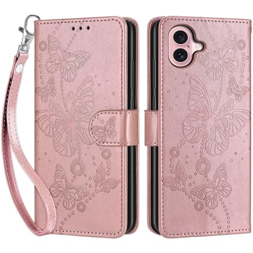 Wallet Case for iPhone 16, Rose Gold Butterfly | Women Flip Folio Cover, Embossed PU Leather, Stand, Credit Card Holders Slots, Wrist Strap - color: 7