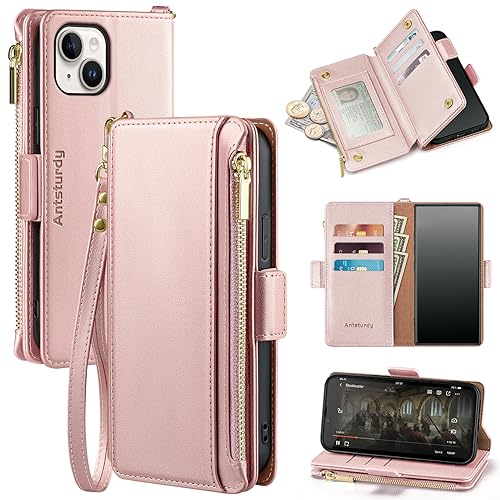 Antsturdy for iPhone 14 Phone Wallet Case Women,Rose Gold | Shockproof RFID Blocking PU Leather Flip Cover Kickstand Zipper Card Holder Slots with Wrist Strap - color: Rose Gold