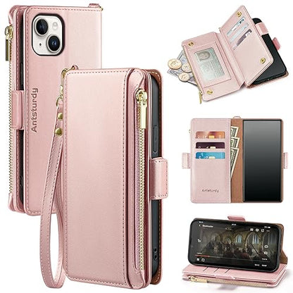 Antsturdy for iPhone 14 Phone Wallet Case Women,Rose Gold | Shockproof RFID Blocking PU Leather Flip Cover Kickstand Zipper Card Holder Slots with Wrist Strap - color: Rose Gold