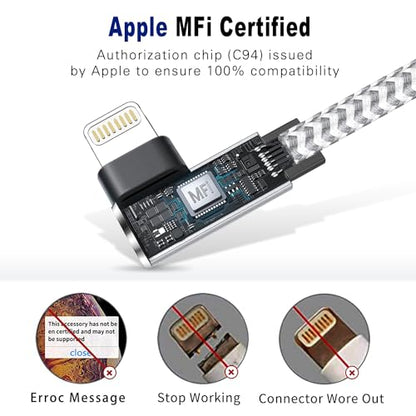 90 Degree iphone Charger MFi-Certified, USB-C to Lightning Cable 10ft 2Pack - size: 10FT