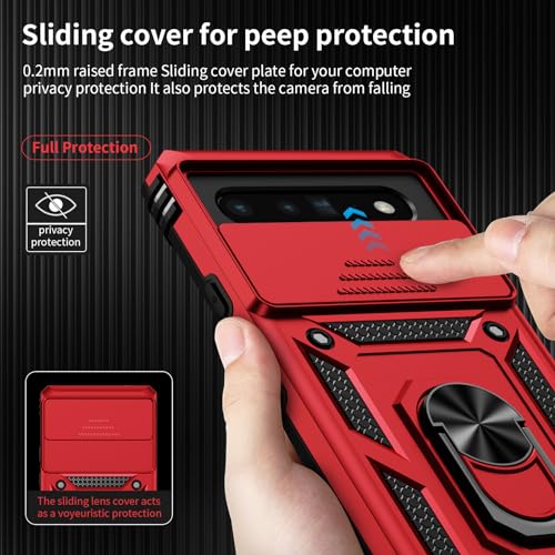 Vinve for Google Pixel 6 Pro Case with Slide Lens Cover, Military Grade Drop Protection, Magnetic Rotated Ring Holder Kickstand Protective Phone Case (Red) - color: Red ,Military Grade 2nd gen.