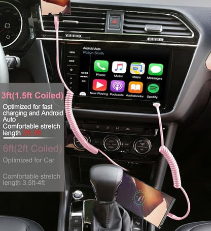 USB C to C Cable 3FT for Car, Coiled USB C Fast Charging Cable iPhone USB-C - color: Pink, size: 3FT