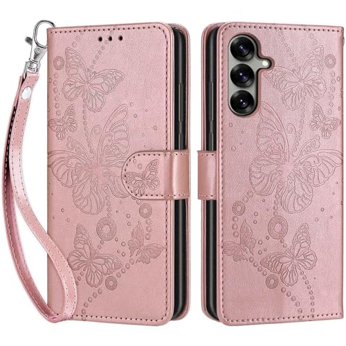 for Samsung Galaxy S25 Wallet case, Rose Gold-Butterfly | 3 Card Holders, Kickstand, Shockproof TPU Shell, PU Leather, Magnetic Closure, Protective Flip Folio Cover, Women - color: 6