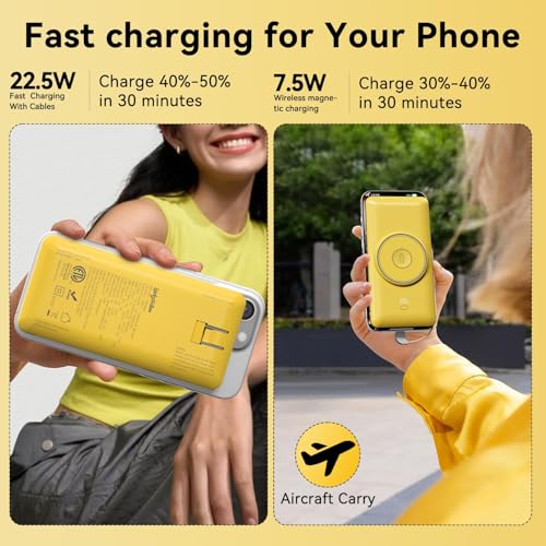 Magnetic 10000mAh Portable Charger for iWatch & iPhone, USB C Fast Charging Wireless Power Bank Built-in Cables and Wall Plug, External Travel Battery Pack Compatible with iOS Android Devices - color: Yellow