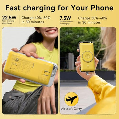 Magnetic 10000mAh Portable Charger for iWatch & iPhone, USB C Fast Charging Wireless Power Bank Built-in Cables and Wall Plug, External Travel Battery Pack Compatible with iOS Android Devices - color: Yellow