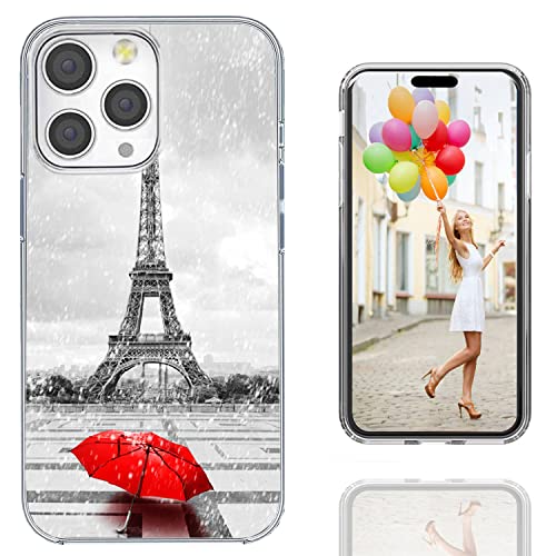 for iPhone 14 Pro Max Case for Women Girl Men,Full Protective Shockproof Slim Soft TPU Clear Phone Cover Cases with Design for iPhone 14 ProMax,Romantic France Paris Eiffel Tower Red Umbrella - color: A Eiffel tower in the rain