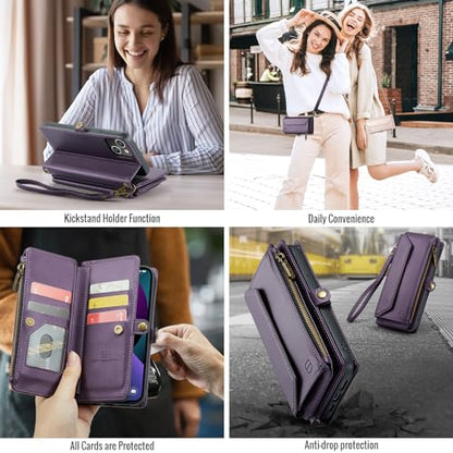Strapurs Wallet Case Compatible with iPhone 13 RFID Blocking 7-Card Holder Soft PU Leather Magnetic Snap Shoulder Strap Zipper Pocket Phone Case Fit for iPhone 13 for Women 6.1" - Purple | RFID Blocking 7-Card Holder, Shoulder Lanyard, Wirst Strap, Zipper