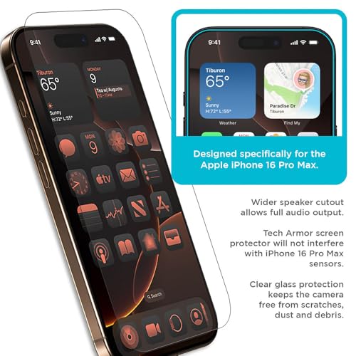 Tech Armor Screen Protector for iPhone 16 Pro Max, Ballistic Glass, 3-Pack - size: iPhone 16 Pro Max-6.9 Inch